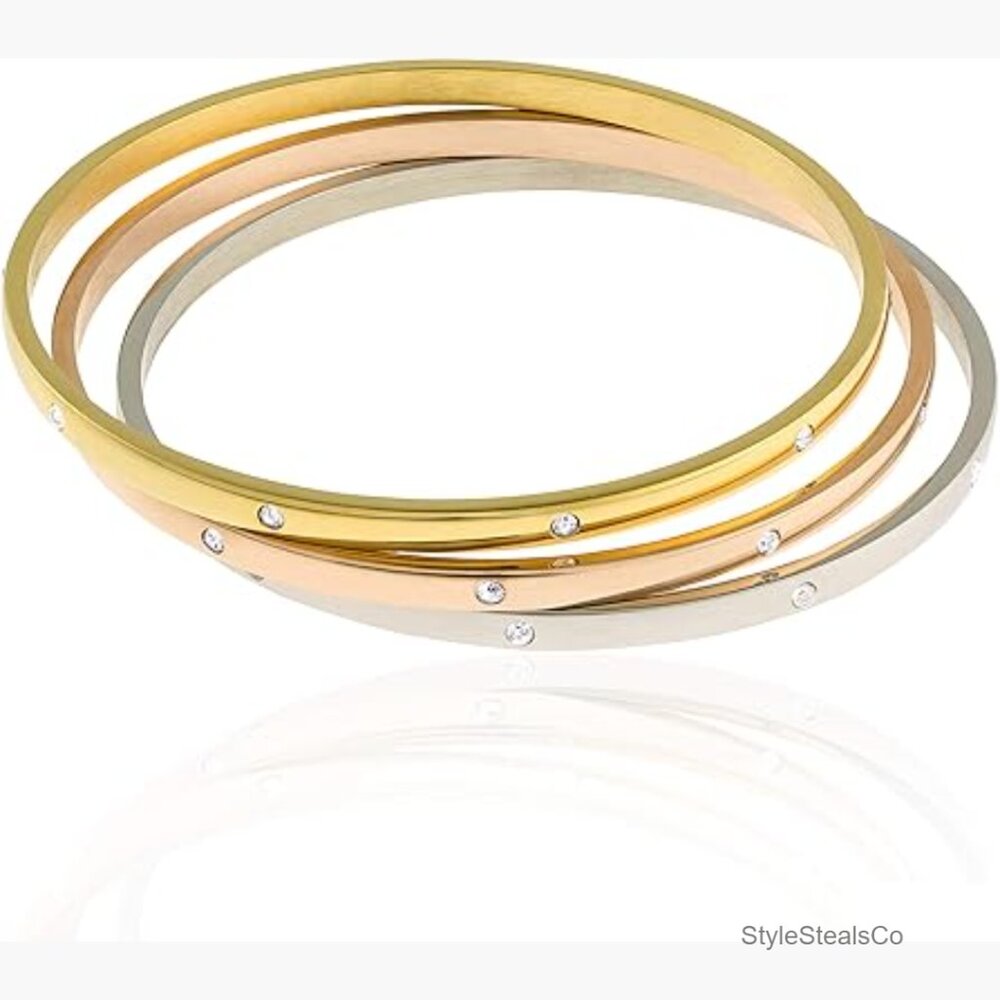 Stainless Steel Stackable Cz Bangle Bracelets Set… - image 1